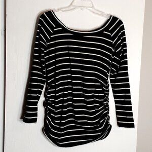 To: LITTLE ARROWS Ruched Knit Top; Black & White Stripes; Long Sleeves; Size Med